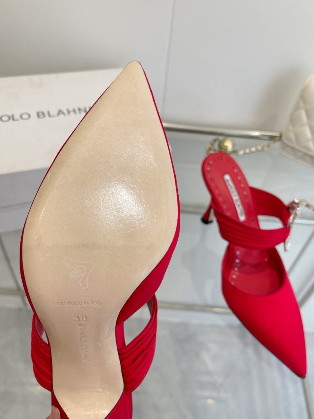Manolo Blahnik Crystal Embellished Red Satin Pointed-Toe Mules - Picture 6 of 10